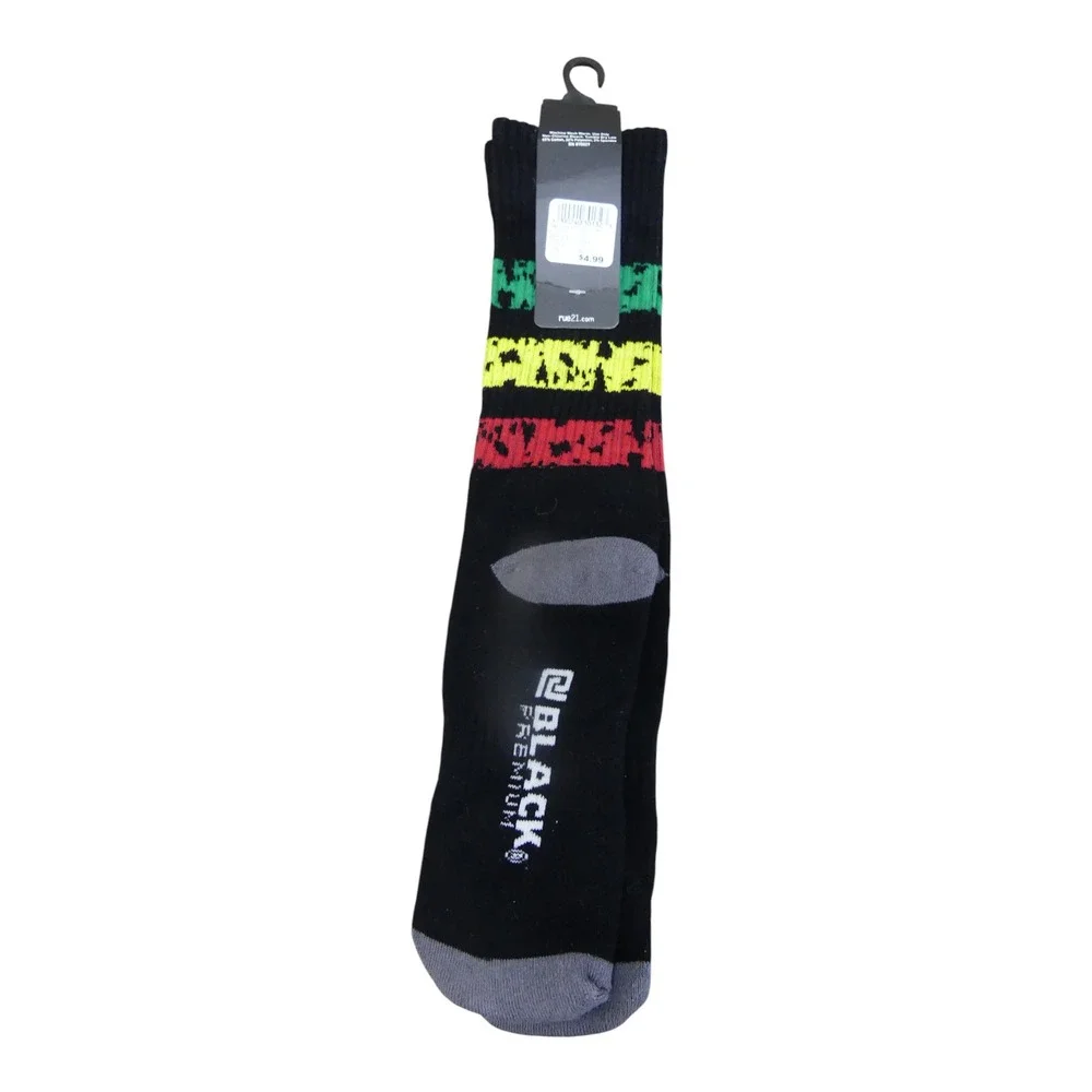 rue21 Black Premium Crew Socks Mens OS Black NWT Green Yellow Red Stripes